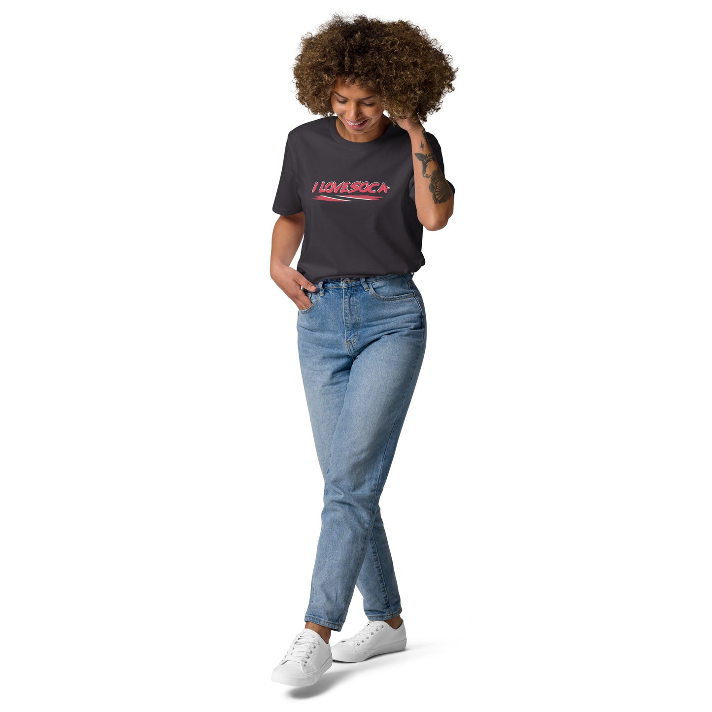 Uniseks T-shirt van biologisch katoen met de tekst "I Love Soca".