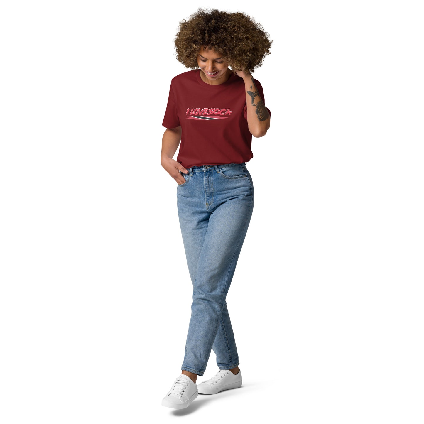 Uniseks T-shirt van biologisch katoen met de tekst "I Love Soca".