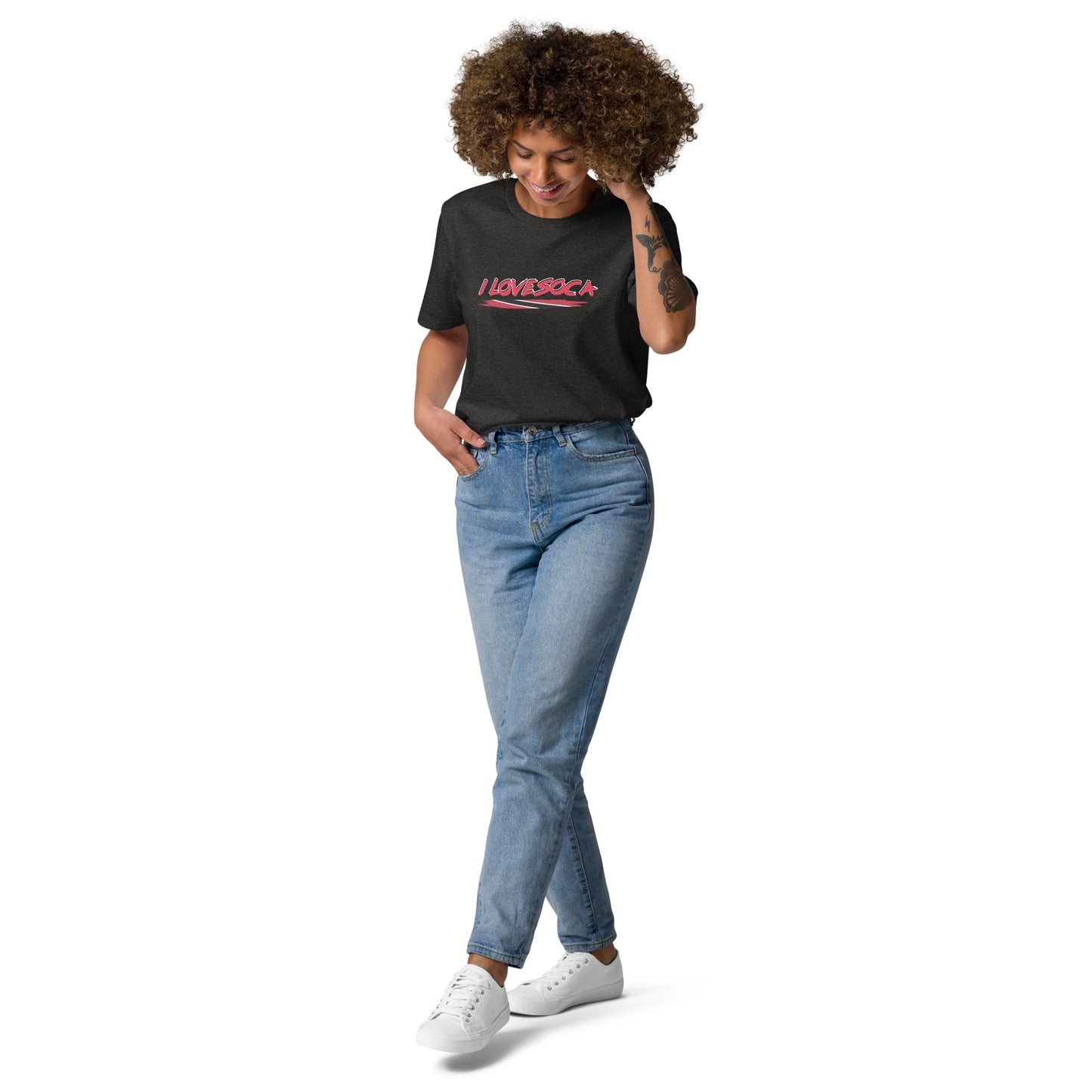 Uniseks T-shirt van biologisch katoen met de tekst "I Love Soca".