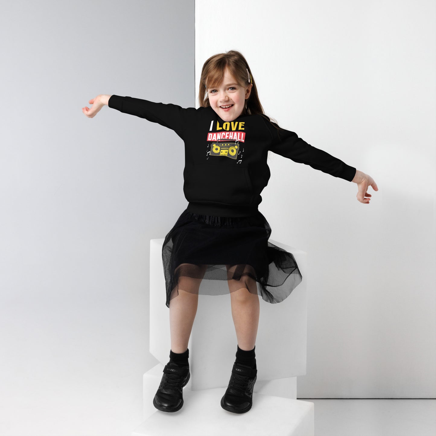 Eco-hoodie voor kinderen met de tekst 'I love Dancehall'