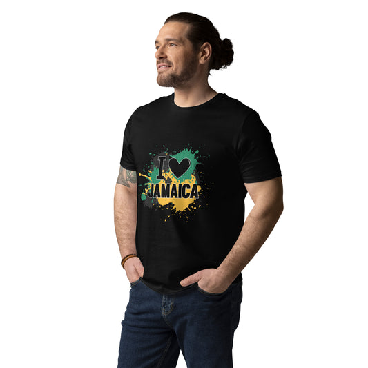 Uniseks t-shirt van biologisch katoen met de tekst "I &lt;3 Jamaica".