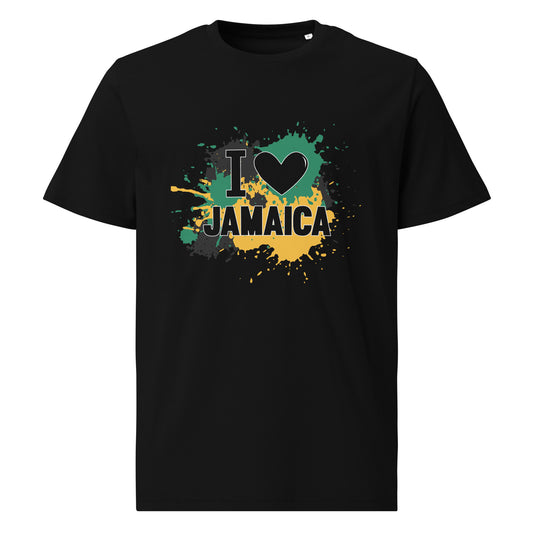Uniseks t-shirt van biologisch katoen met de tekst "I &lt;3 Jamaica".