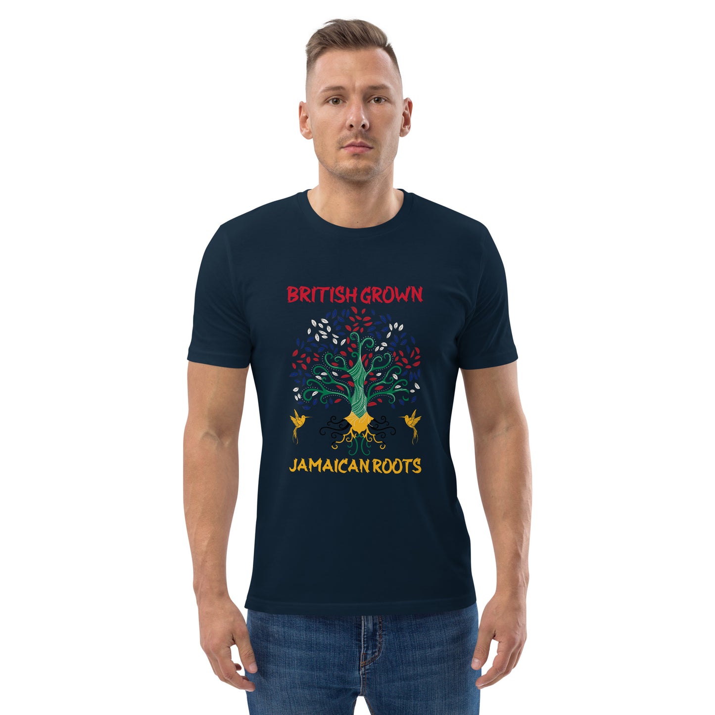 T-shirt en coton biologique unisexe cultivé en Grande-Bretagne et racines jamaïcaines