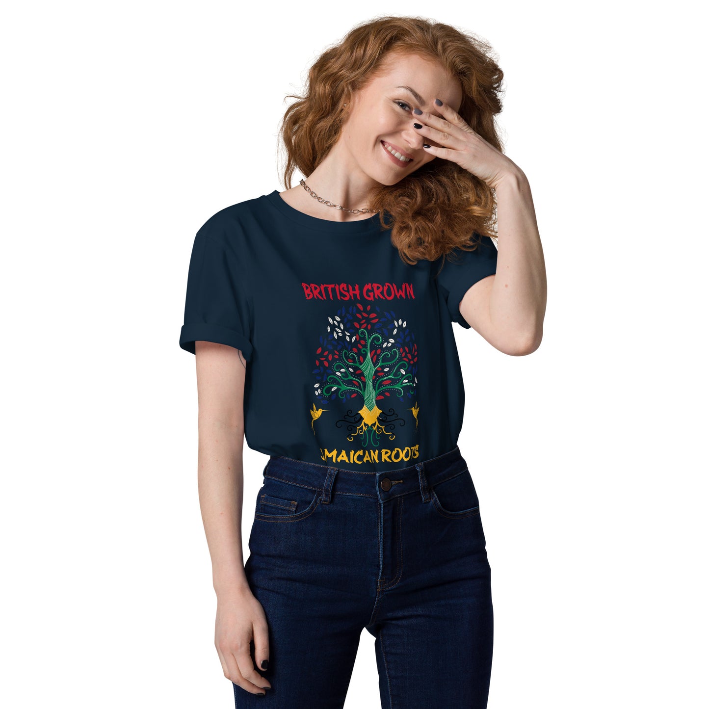 T-shirt en coton biologique unisexe cultivé en Grande-Bretagne et racines jamaïcaines