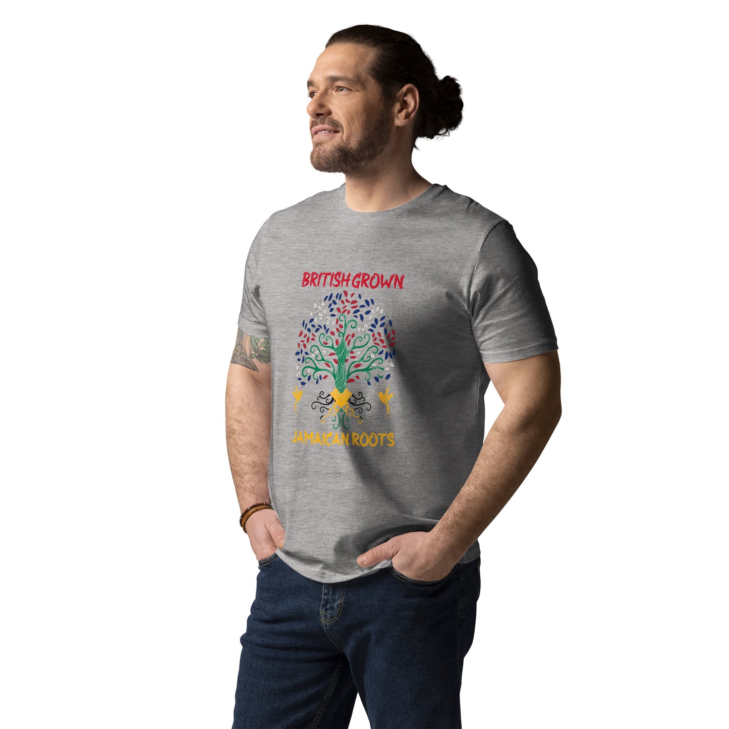 T-shirt en coton biologique unisexe cultivé en Grande-Bretagne et racines jamaïcaines