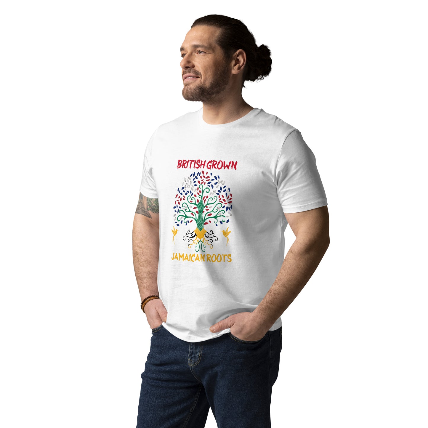 T-shirt en coton biologique unisexe cultivé en Grande-Bretagne et racines jamaïcaines